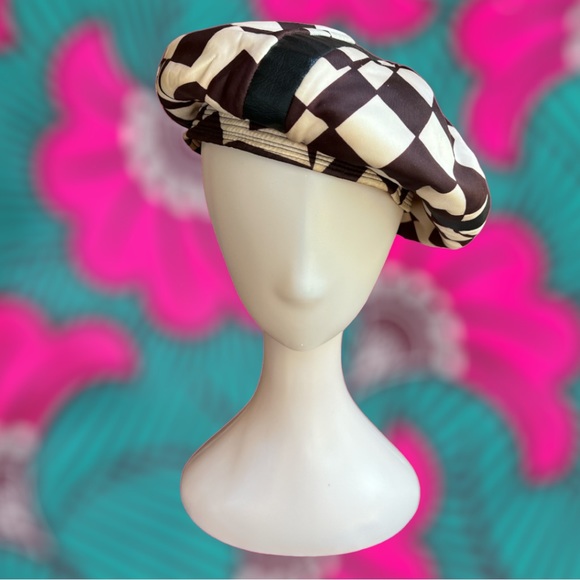 Vintage Accessories - 60’s Vintage Brown Cream Checkerboard Black Leather Stripe Mod Beret Hat
